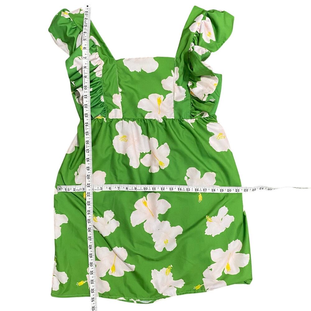 The Lulo Project Dress Green Hibiscus Floral Ruffles Dress Size L Smocked Back * - Picture 6 of 10